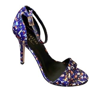 Nicole Miller Cocktail Pattern Blue Ankle Strap Heels Stiletto Evening Shoes 7.5
